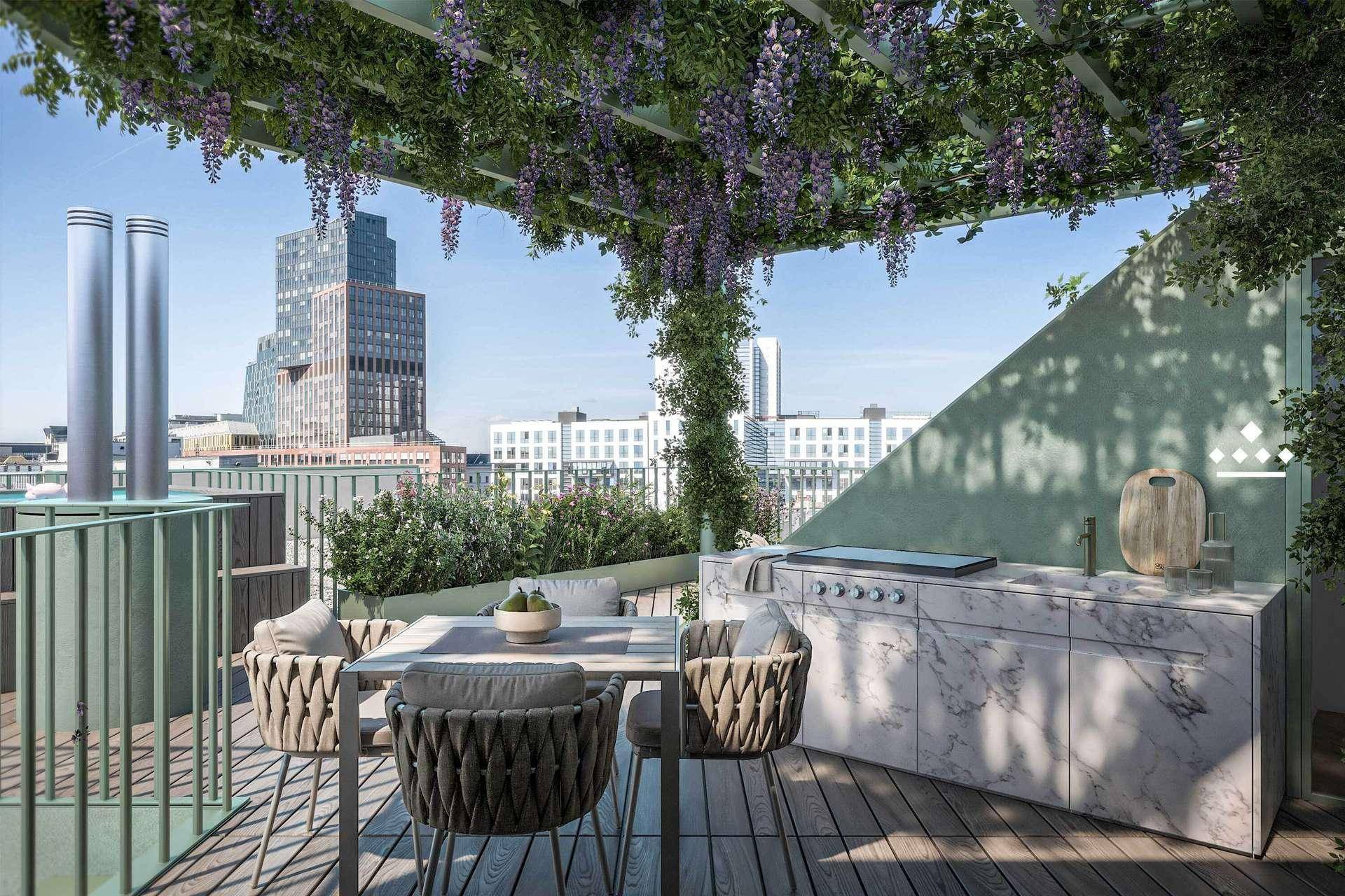 Elegante Dachterrasse mit Außenküche, Essbereich und üppiger Bepflanzung.