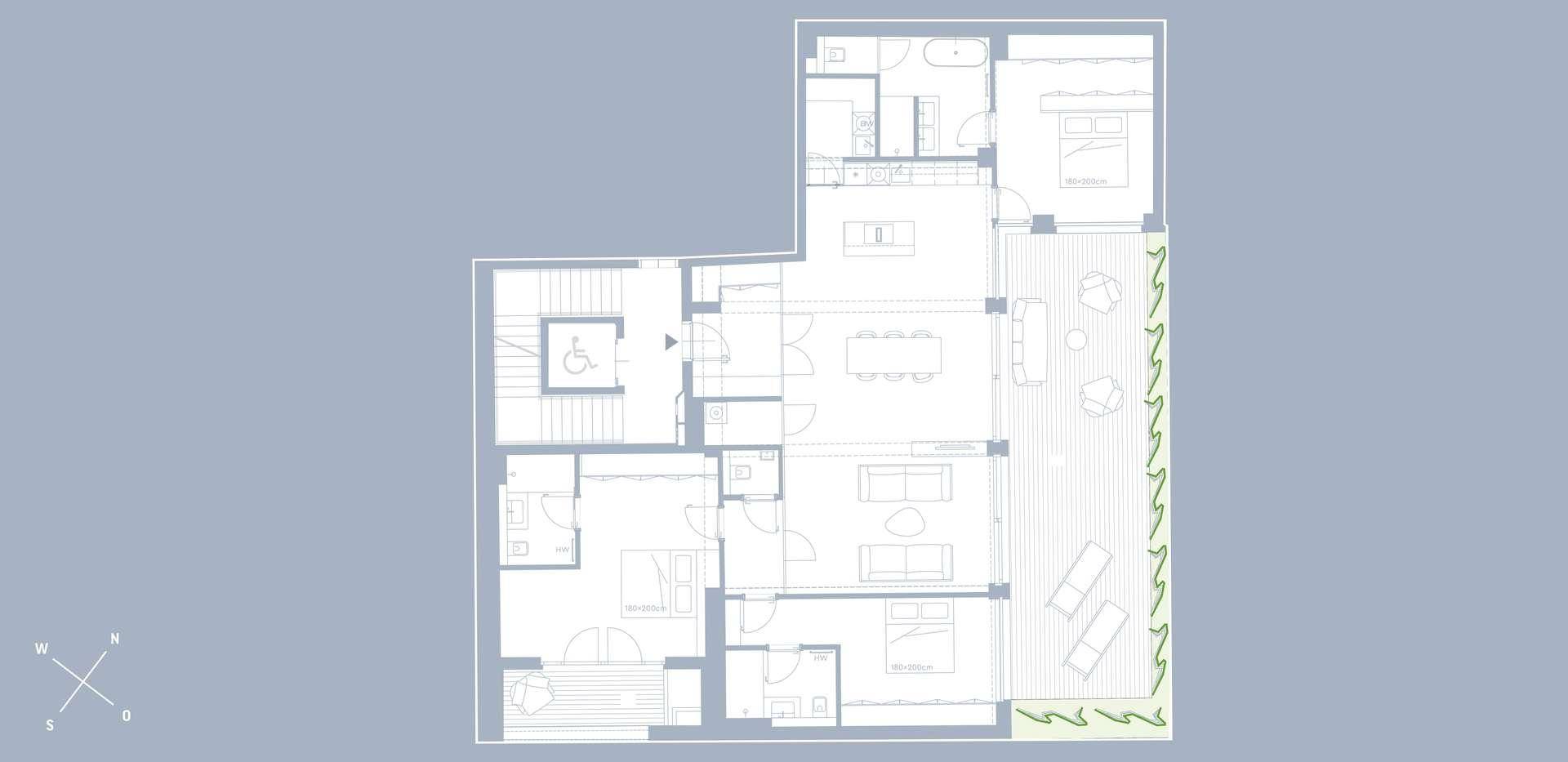 Grundriss einer großzügigen Wohnung mit Terrasse und barrierefreiem Zugang.