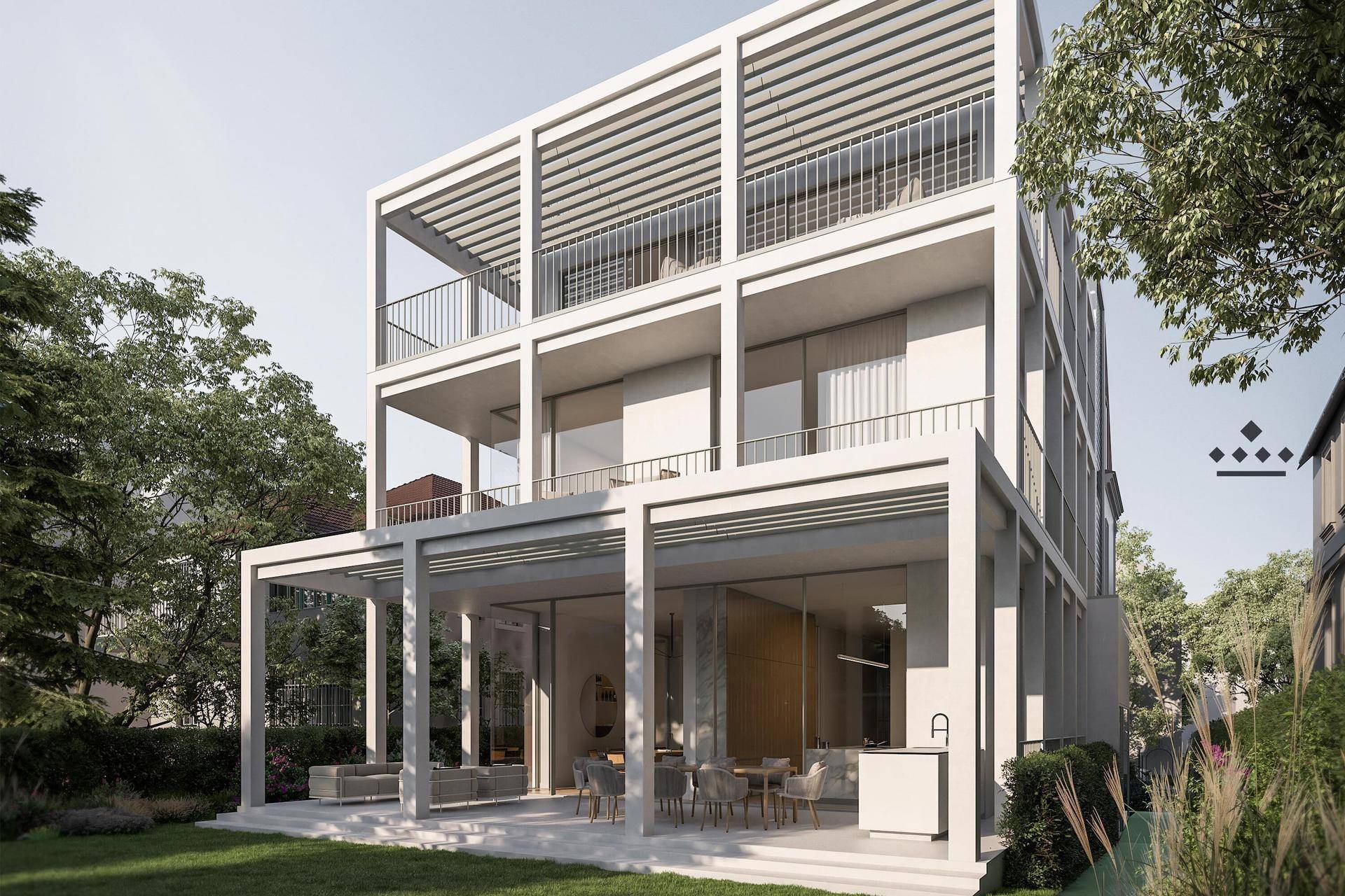 Moderne Villa mit mehreren Balkonen, großem Garten und weitläufiger Terrasse.