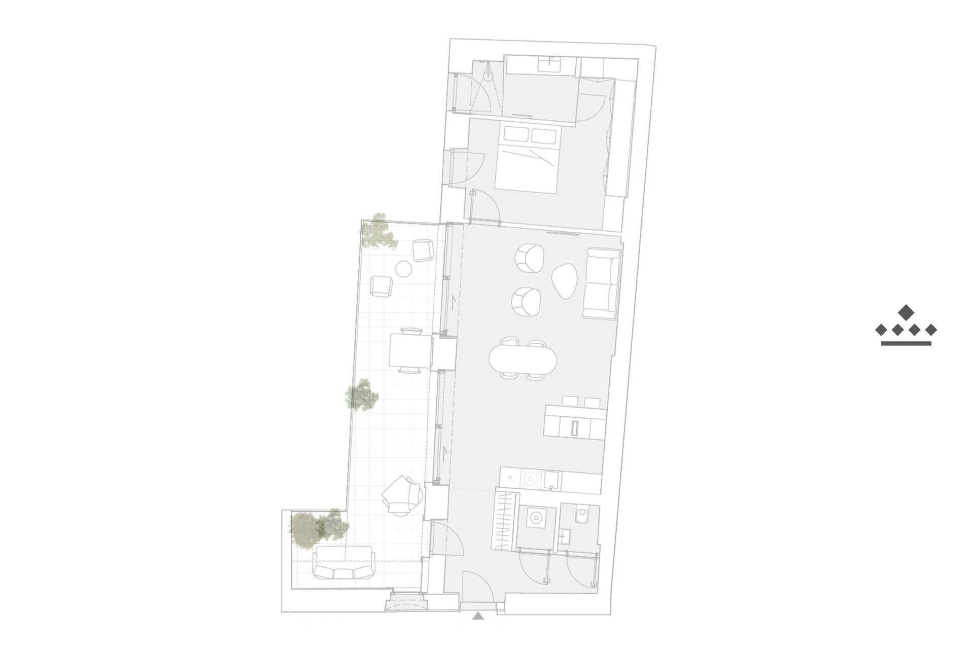 Grundriss einer Wohnung mit offenem Wohnbereich, Terrasse, Balkon und zwei Bädern.