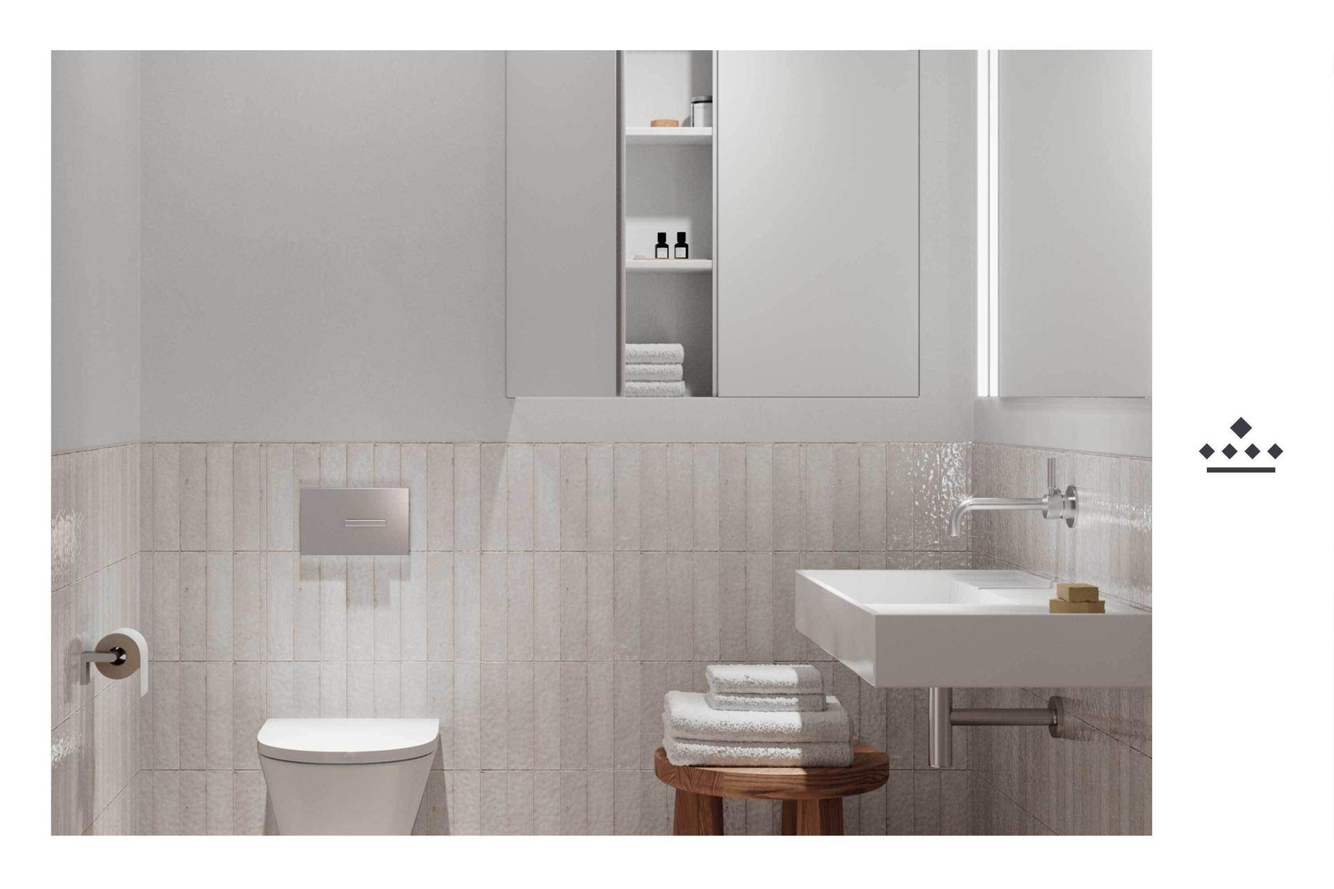 Modernes Gäste-WC mit wandhängender Toilette, Waschbecken und Spiegelschrank.