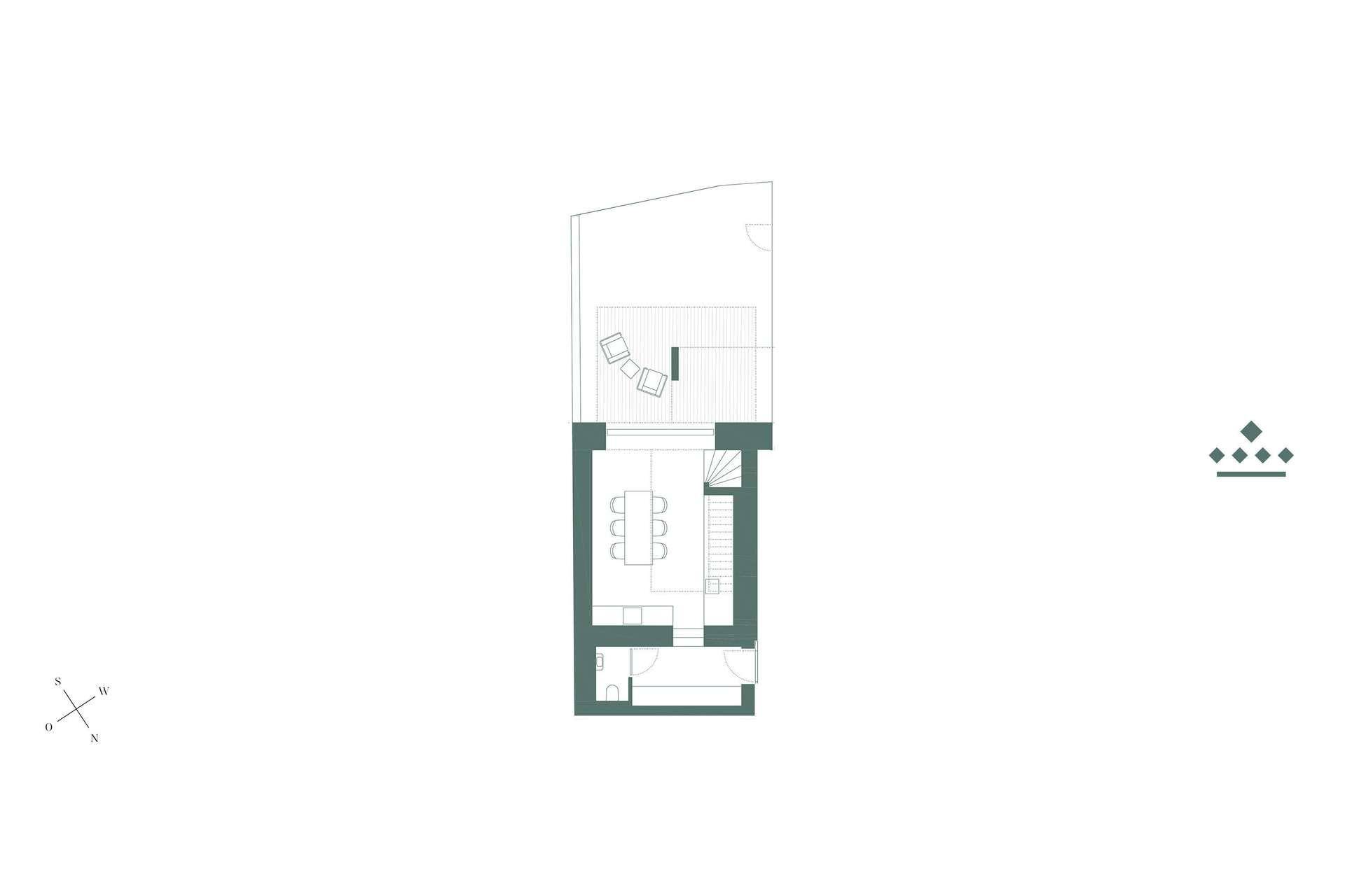 Grundriss einer Wohnung mit offenem Wohnbereich und Terrasse.