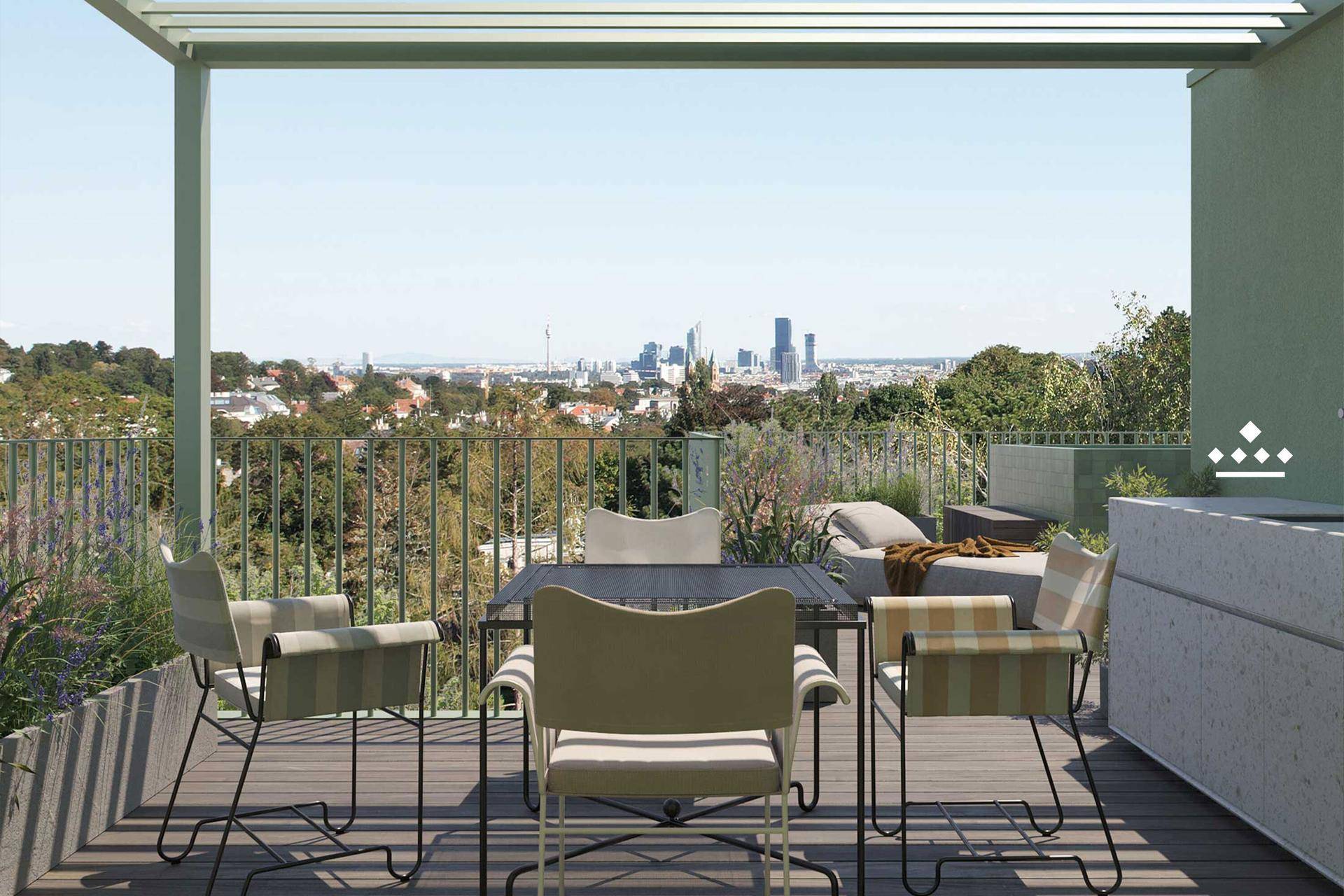 Geräumige Dachterrasse mit Essbereich, Liegemöglichkeiten und weitem Blick über die Stadt.