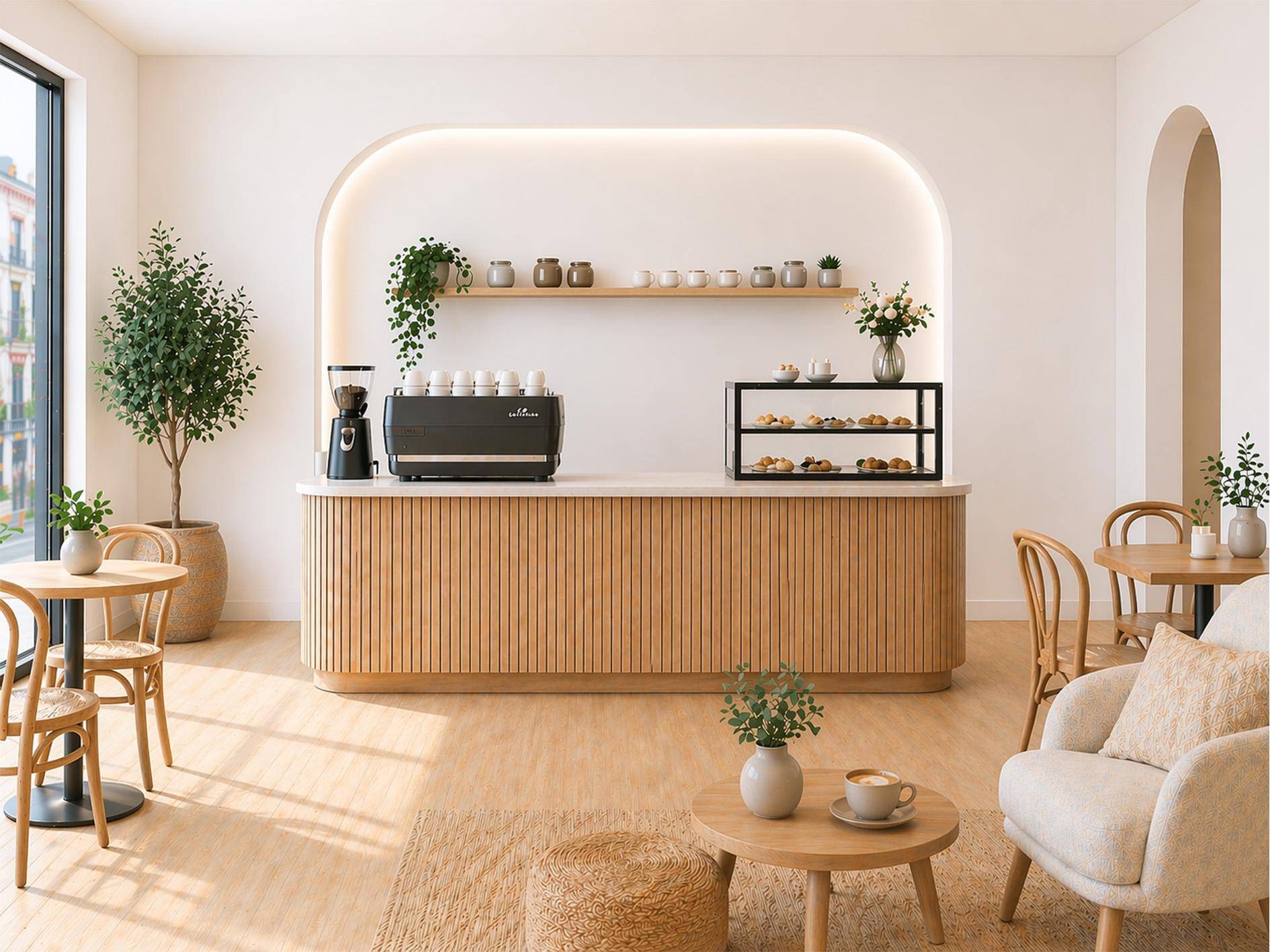 Heller, moderner Café-Bereich mit Holzelementen, einer Kaffeebar und gemütlichen Sitzgelegenheiten.
