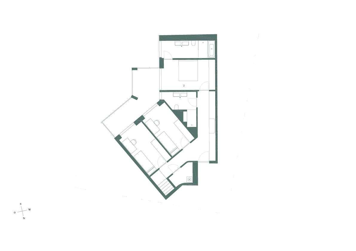 Grundriss einer Wohnung mit zwei Schlafzimmern und zwei Badezimmern, inklusive Balkon.