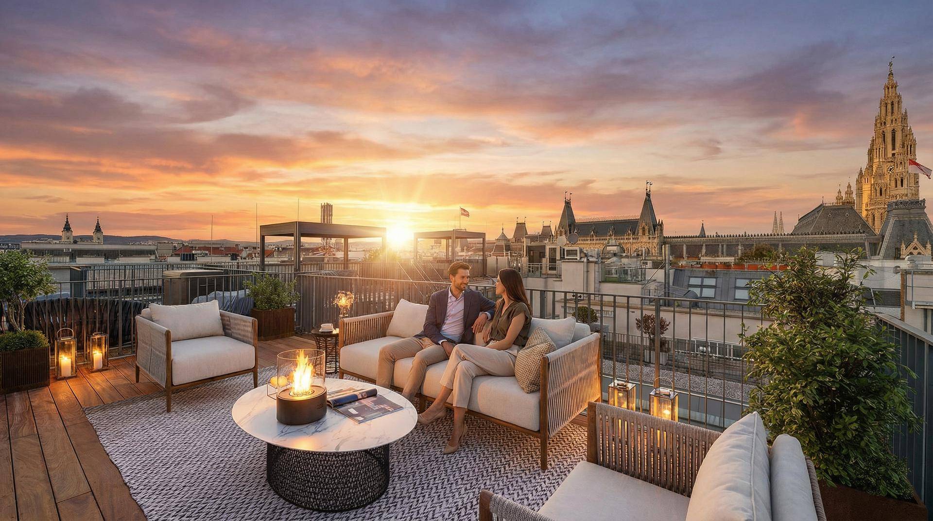 Sonnenuntergang auf einer luxuriösen Dachterrasse mit Stadtblick und gemütlicher Sitzgruppe.