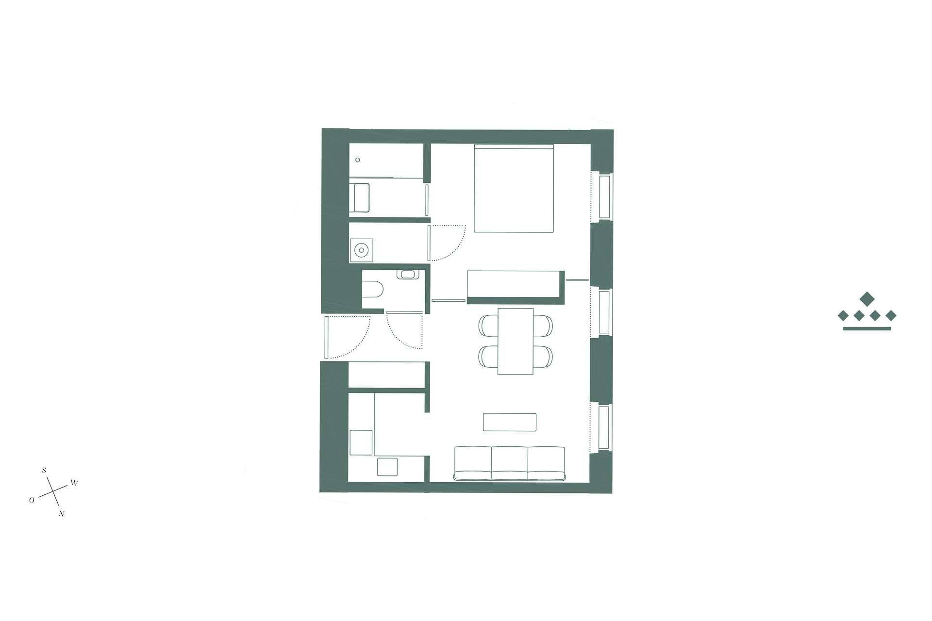 Grundriss einer Wohnung mit einem Schlafzimmer, Bad und offenem Wohnbereich.