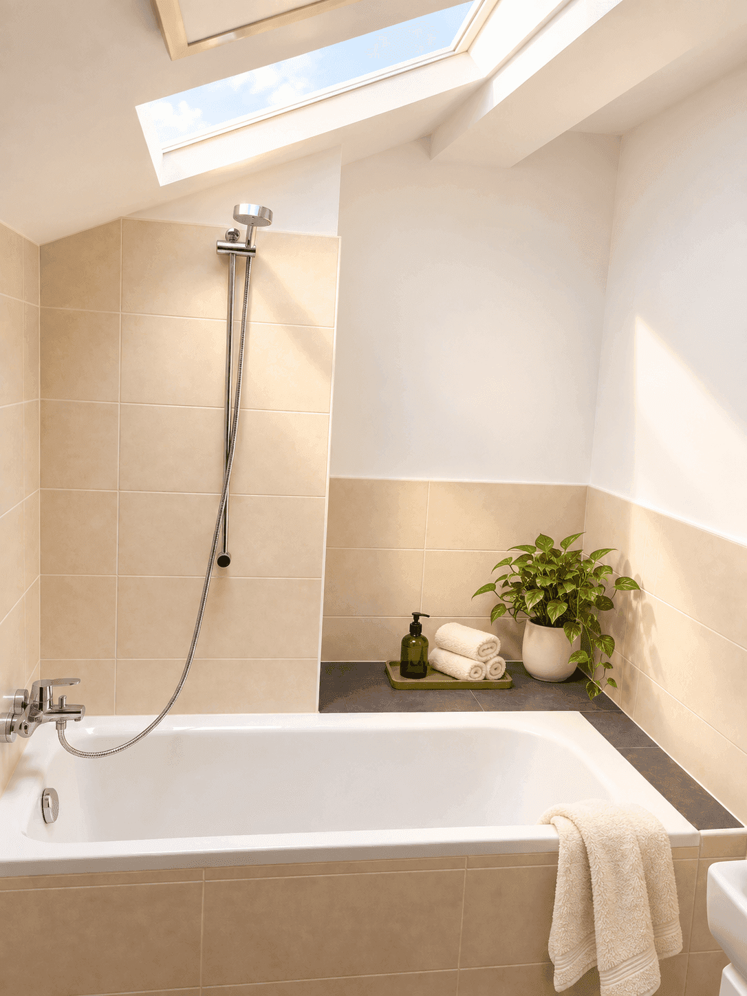 Modernes Badezimmer mit Badewanne, beigefarbenen Fliesen und einem Dachfenster für natürliches Licht.