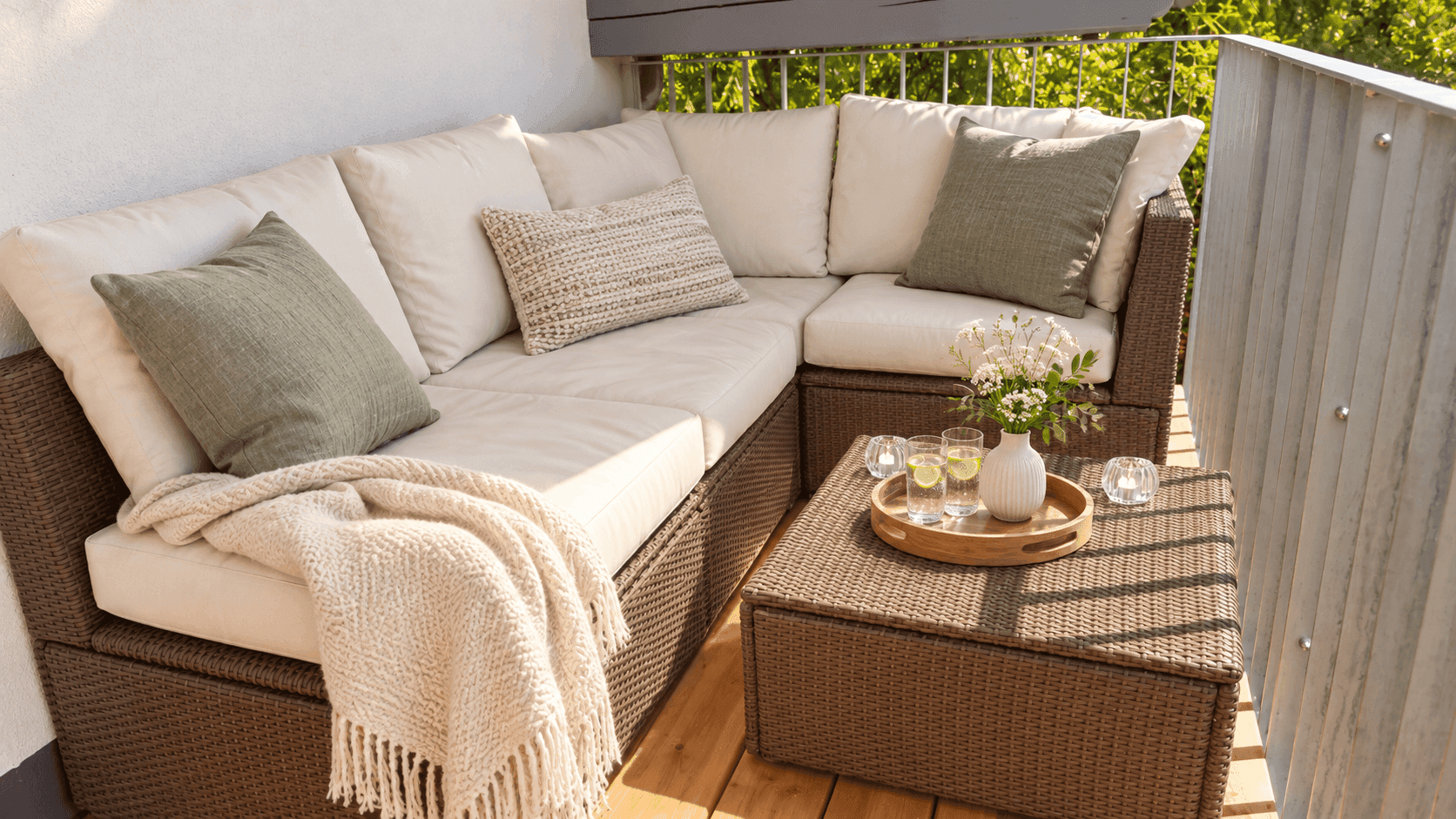 Gemütlicher Balkon mit Rattan-Sitzgruppe und Holzboden, ideal zum Entspannen im Freien.
