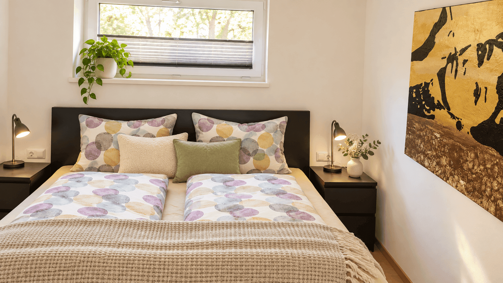 Gemütliches Schlafzimmer mit Doppelbett, Nachttischen und einem Fenster für angenehmes Tageslicht.