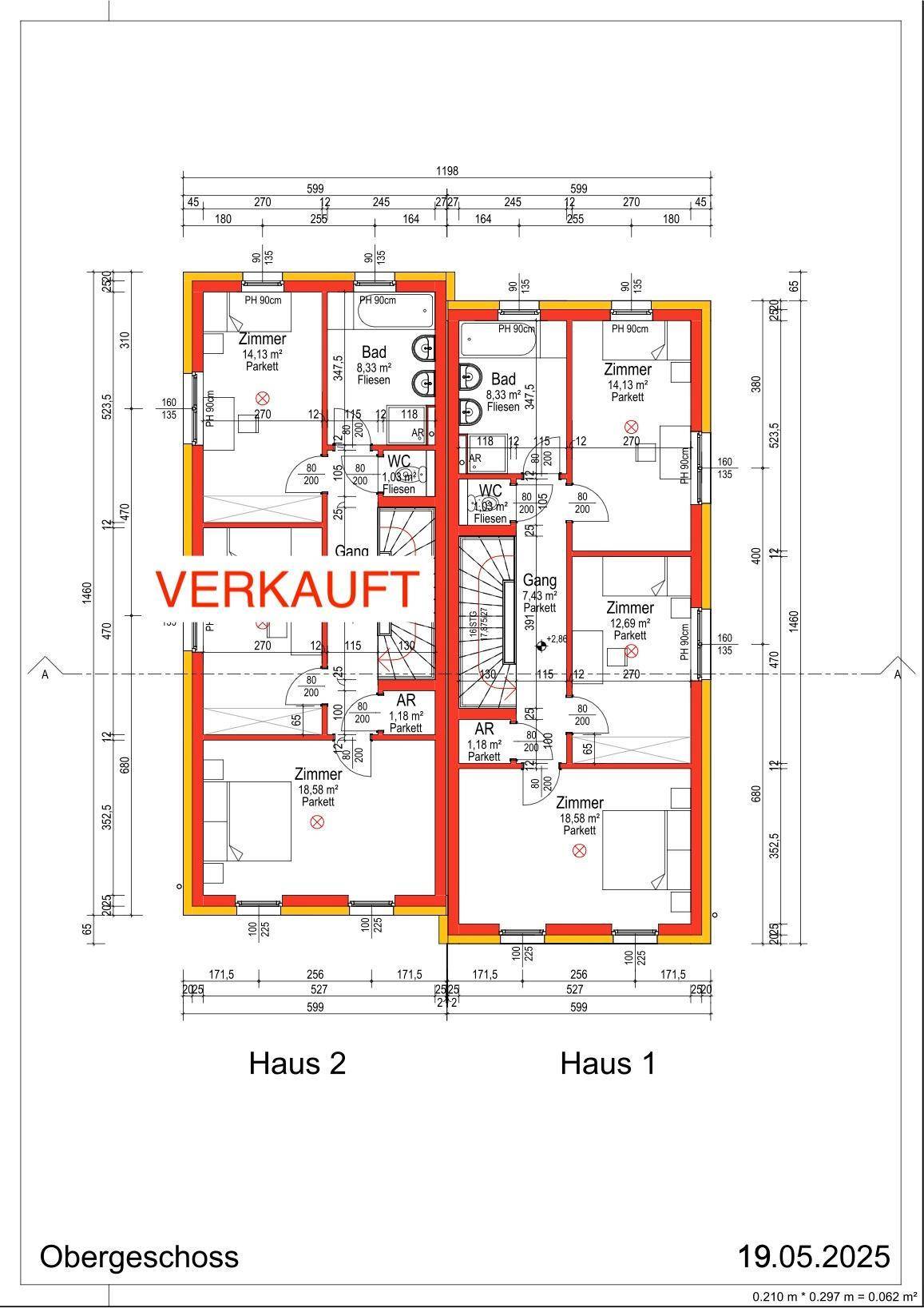 Grundriss des Obergeschosses mit Schlafzimmern, Bädern und Abstellräumen.