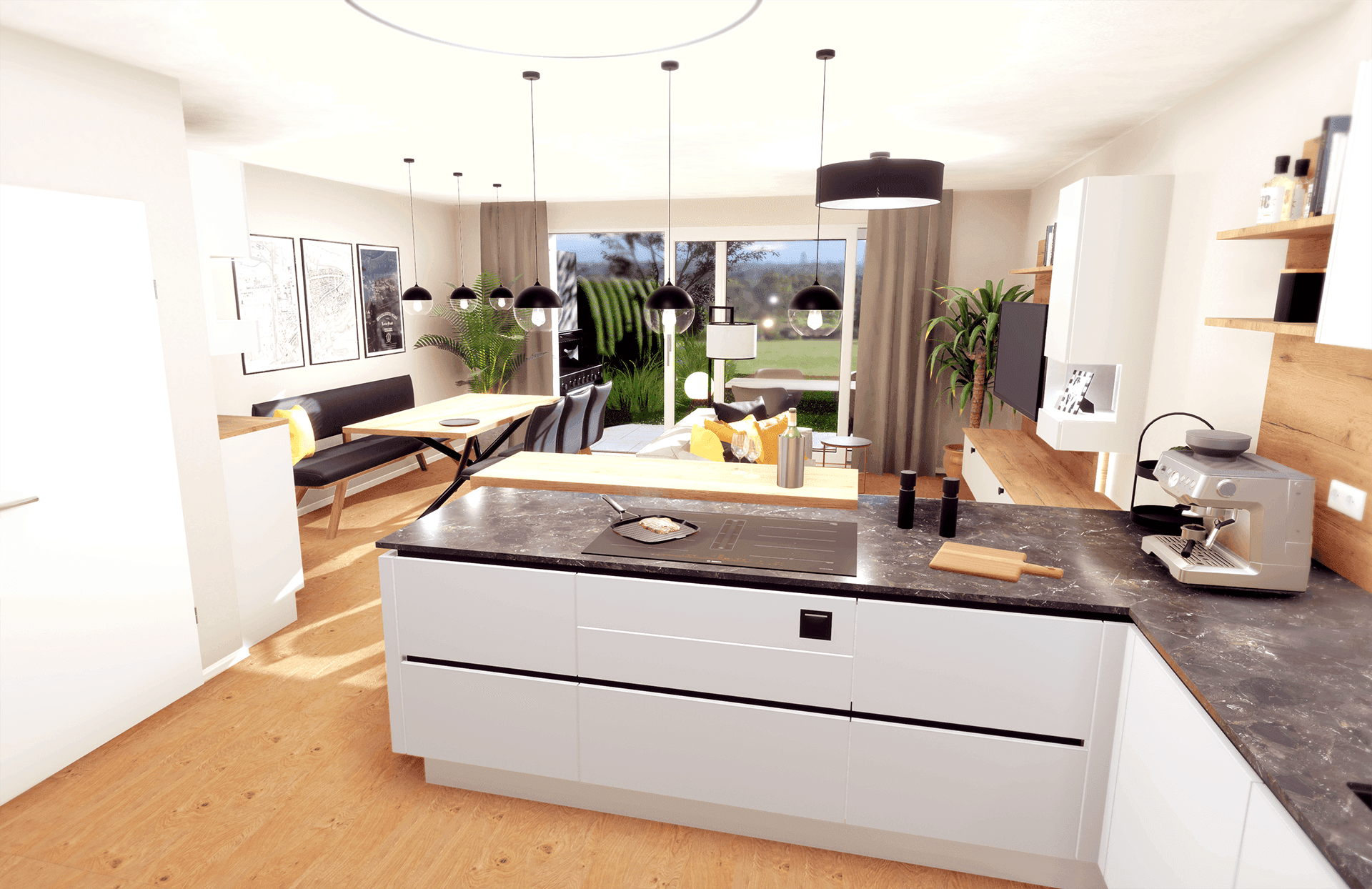 Helle, offene Küche mit Kochinsel, Essbereich und Blick in den Garten.