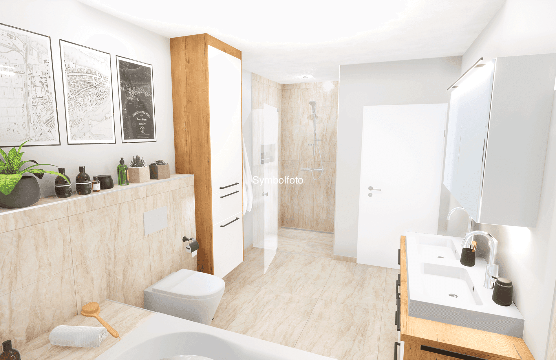 Helles Badezimmer mit Dusche, Badewanne und Doppelwaschbecken.