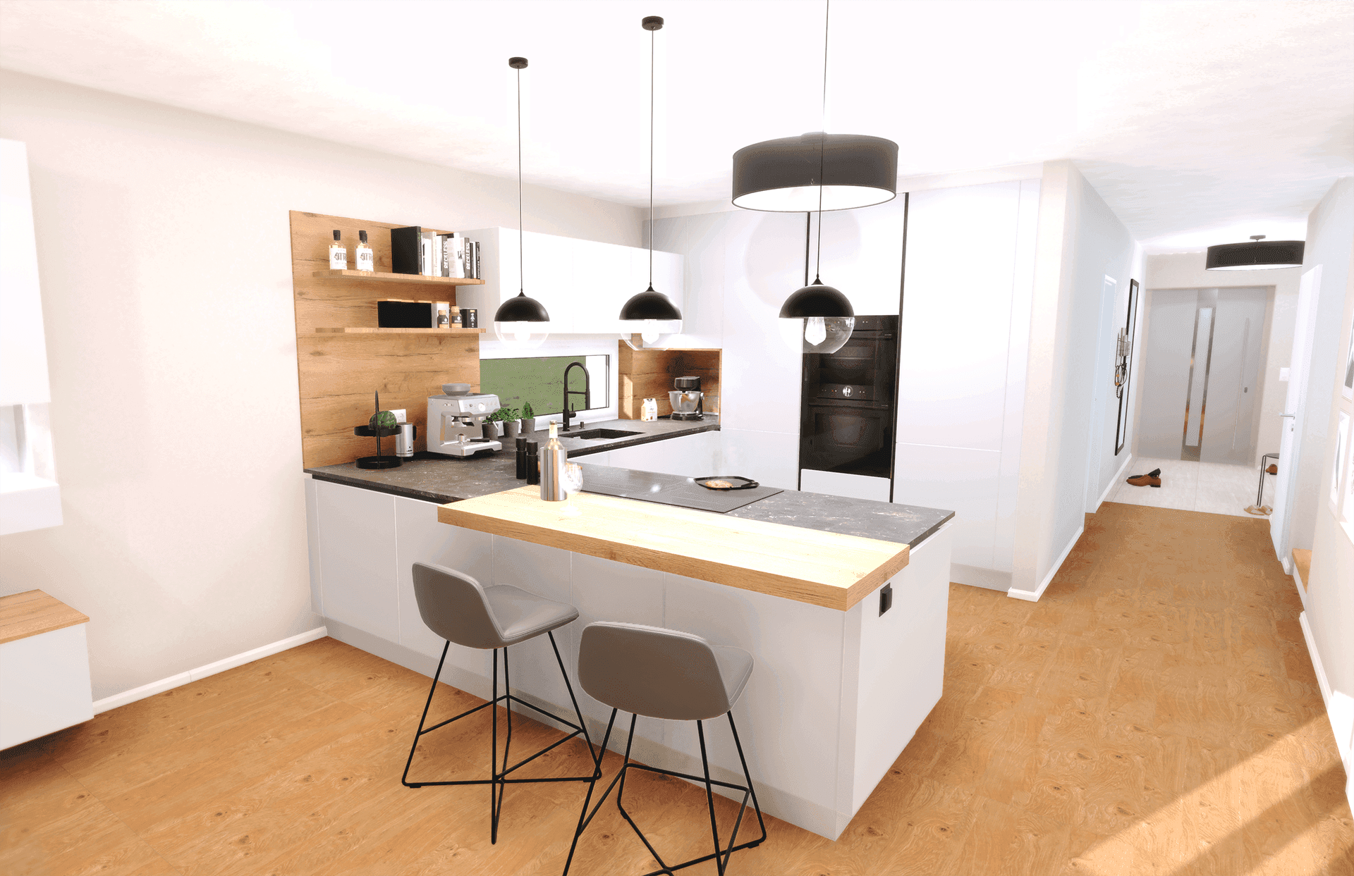 Moderne Küche mit Kochinsel, Barhockern und integrierten Geräten.