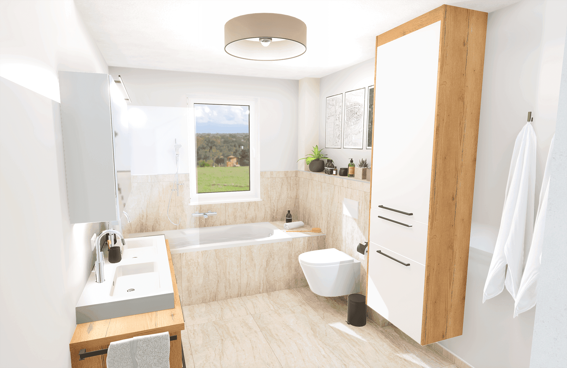 Modernes Badezimmer mit Badewanne, wandhängendem WC und Fenster.