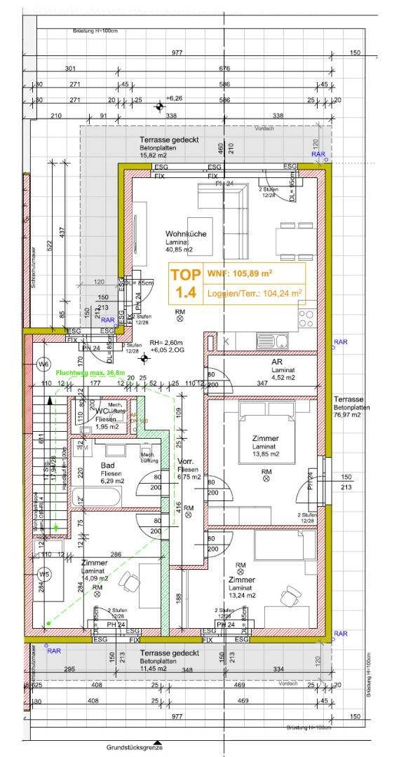 Grundrissplan der Wohneinheit mit offenem Wohnbereich, Schlafzimmern und großer Terrasse.