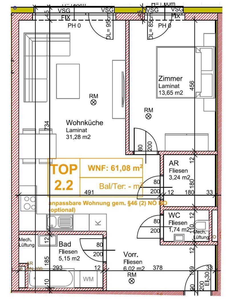 Detaillierter Grundriss der Wohnung TOP 2.2 mit offener Wohnküche, Schlafzimmer und Bad.