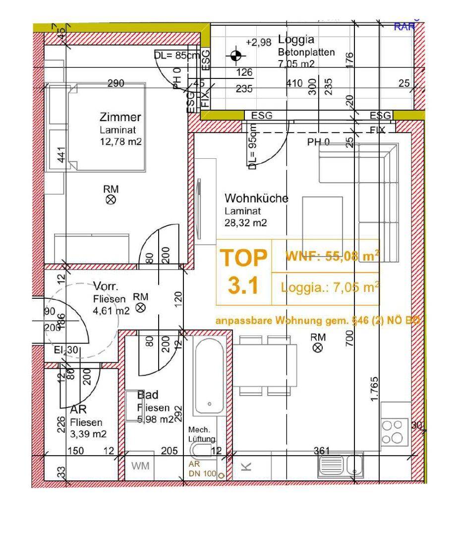 Grundriss einer Wohnung mit Wohnküche, Zimmer, Bad und Loggia, Gesamtfläche 55,0 m².