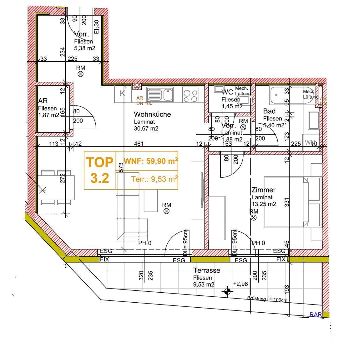 Detaillierter Grundriss einer Wohnung mit offener Wohnküche, Schlafzimmer und großer Terrasse.