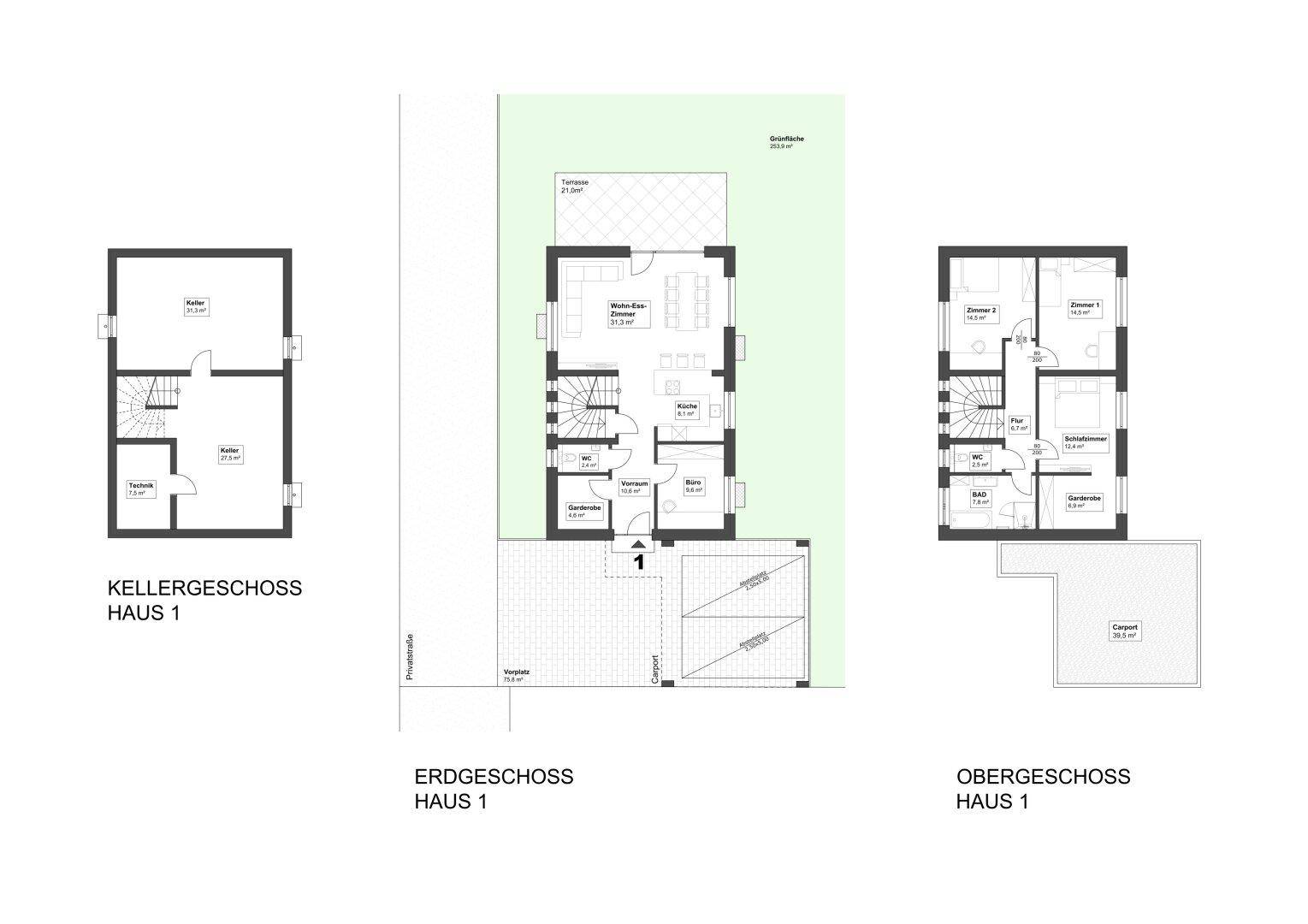 Detaillierter Grundriss eines Hauses über drei Etagen mit Keller, Erdgeschoss und Obergeschoss.