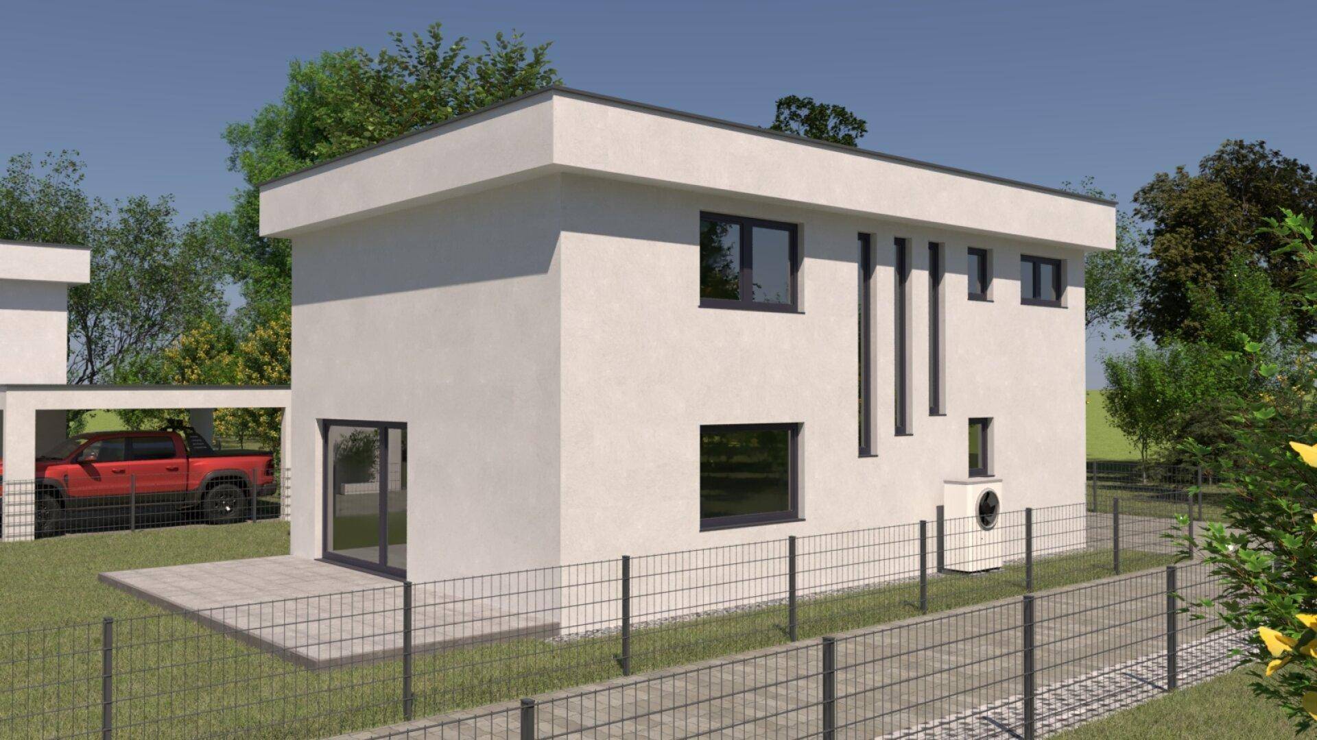 Rückansicht des modernen Hauses mit Flachdach, kleiner Terrasse und Carport.