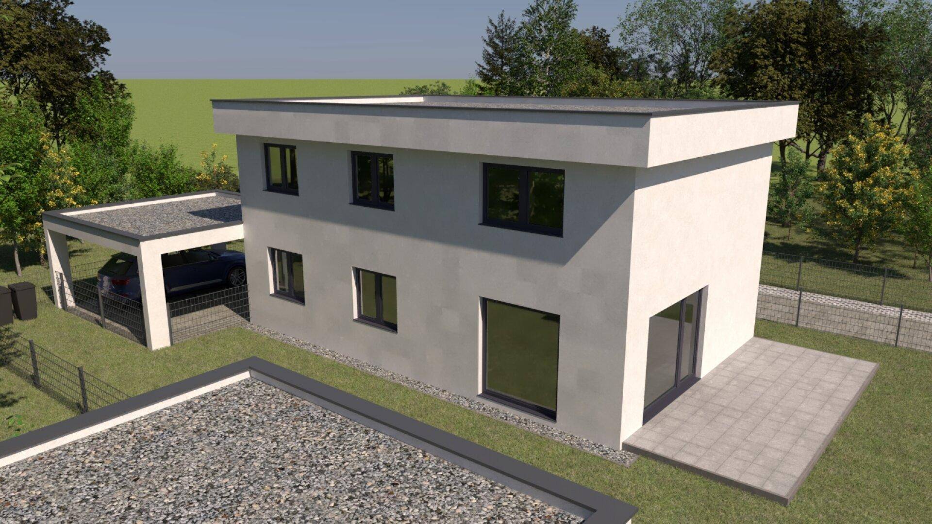 Vogelperspektive des modernen Hauses mit Flachdach, kleiner Terrasse und angrenzendem Carport.