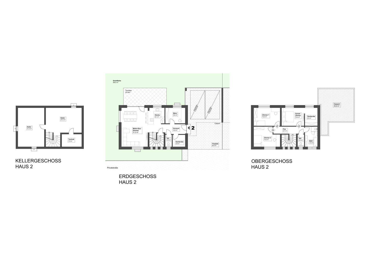 Grundrisse für Kellergeschoss, Erdgeschoss und Obergeschoss von Haus 2 mit Raumaufteilung.