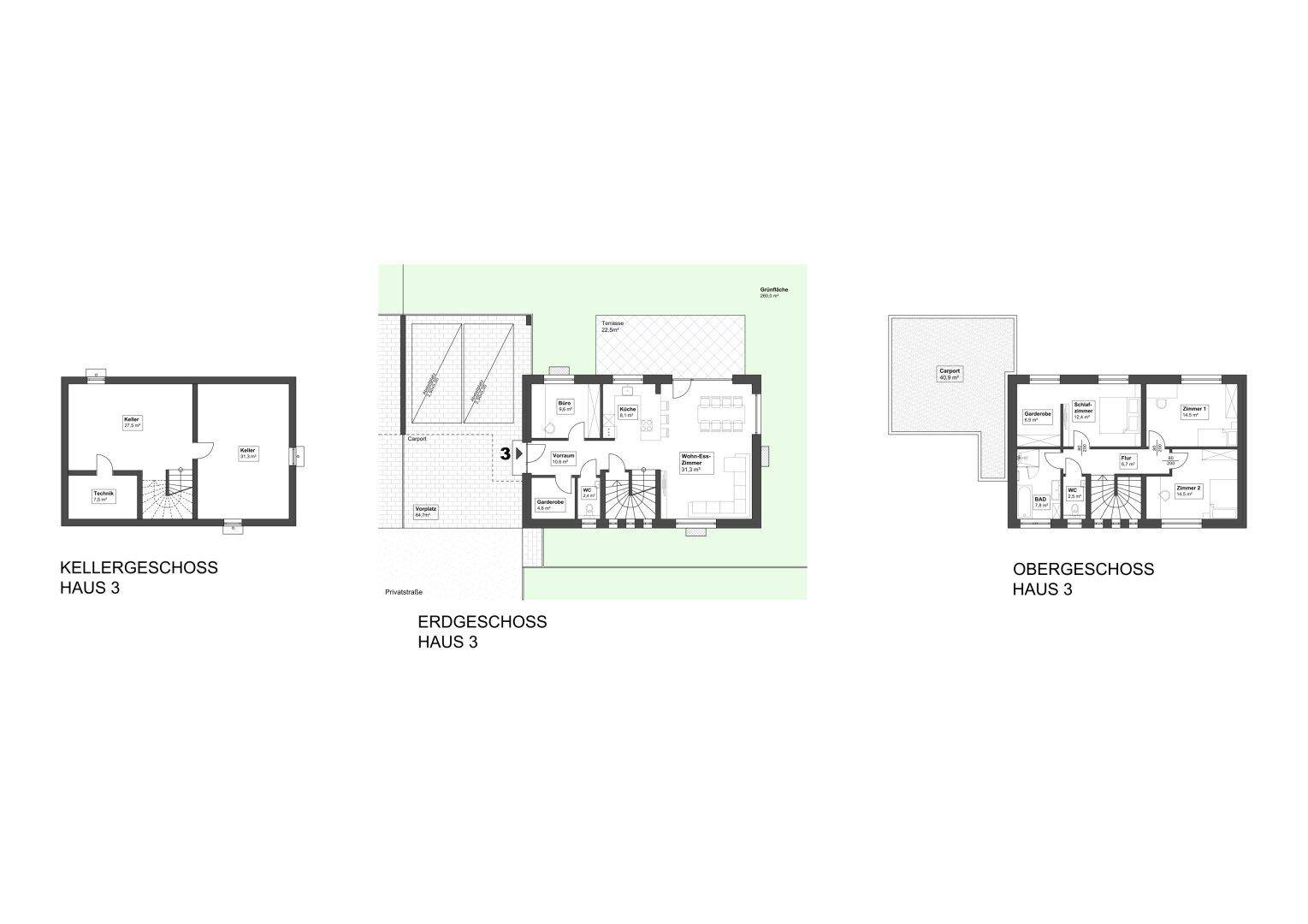Grundrisse für Keller-, Erd- und Obergeschoss von Haus 3 mit offenem Wohnbereich und Außenflächen.