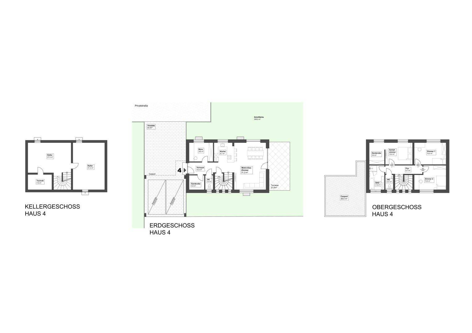 Grundrisspläne für Keller-, Erd- und Obergeschoss von Haus 4 mit offener Wohnküche und Terrassenzugang.