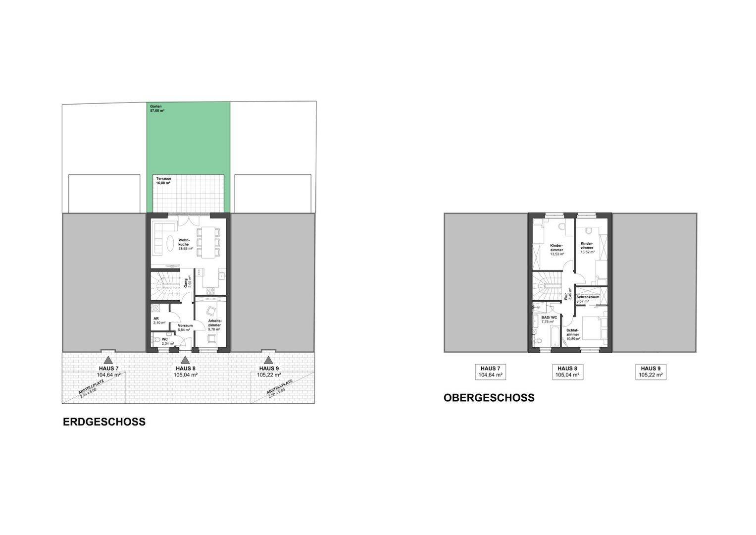 Grundrisspläne für Erdgeschoss und Obergeschoss von Haus 7 und 8.