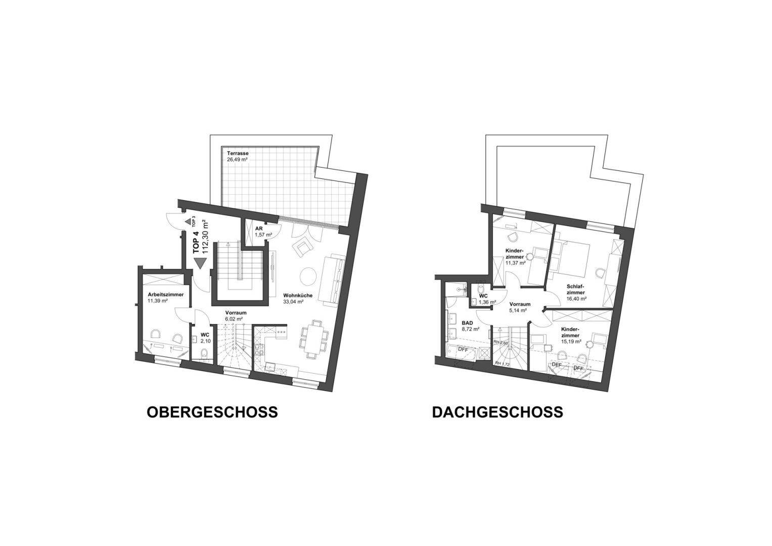 Grundrisspläne für Obergeschoss und Dachgeschoss mit Raumaufteilung.