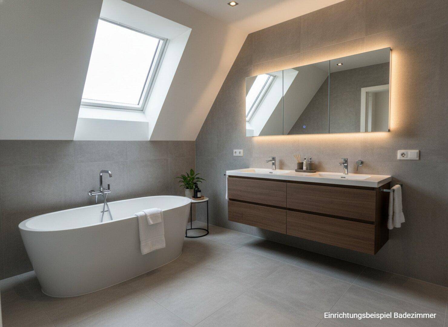Modernes Badezimmer mit freistehender Badewanne, Doppelwaschbecken und Dachfenster.