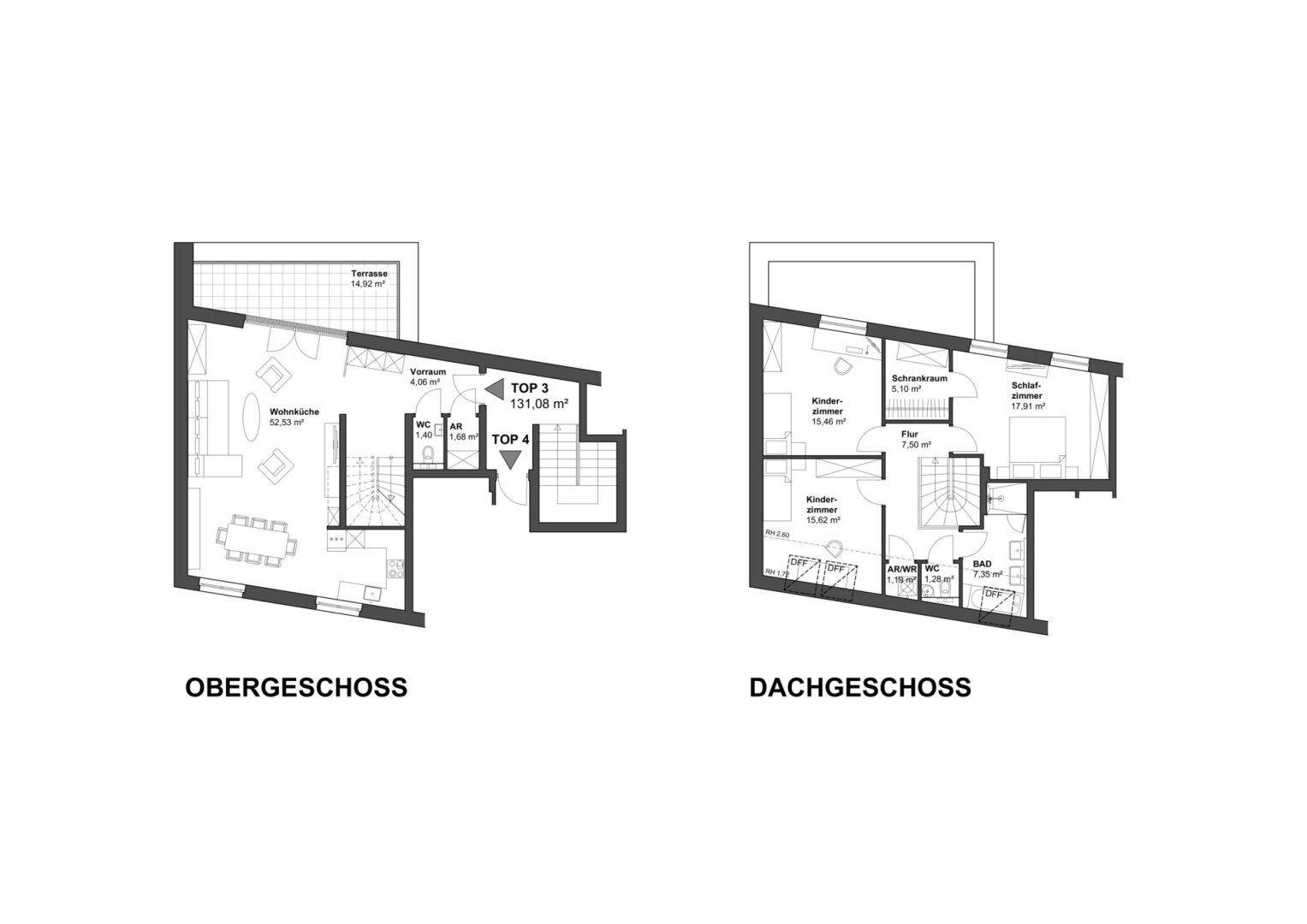 Grundrisspläne für Obergeschoss und Dachgeschoss mit Raumaufteilung und Flächenangaben.