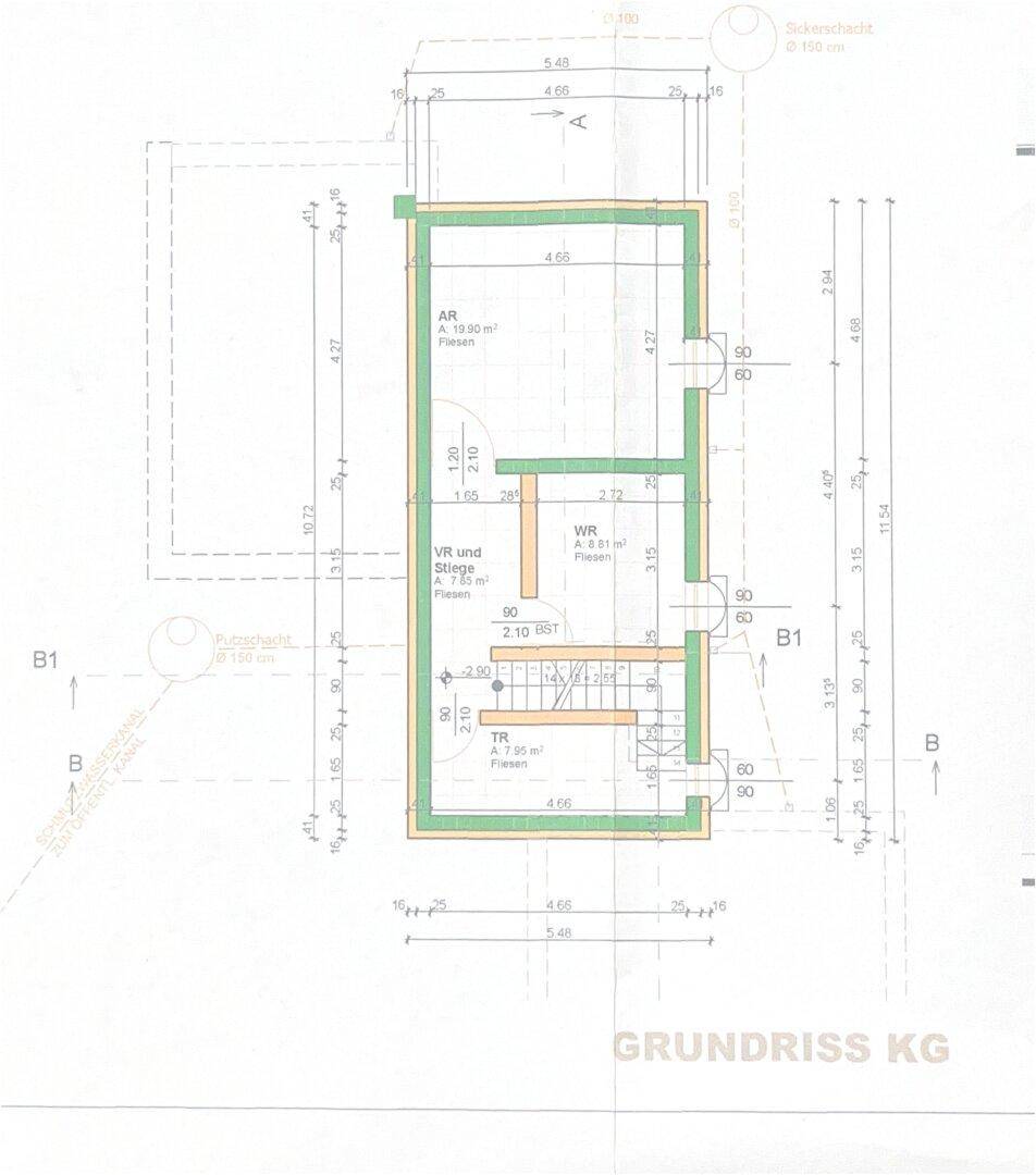Grundriss des Untergeschosses mit Abstellraum, Vorraum und Treppenbereich.