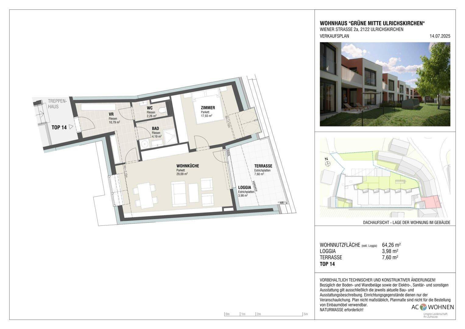 Detaillierter Grundriss einer Wohnung mit Loggia und Terrasse, ergänzt durch eine Außenansicht des Gebäudes.