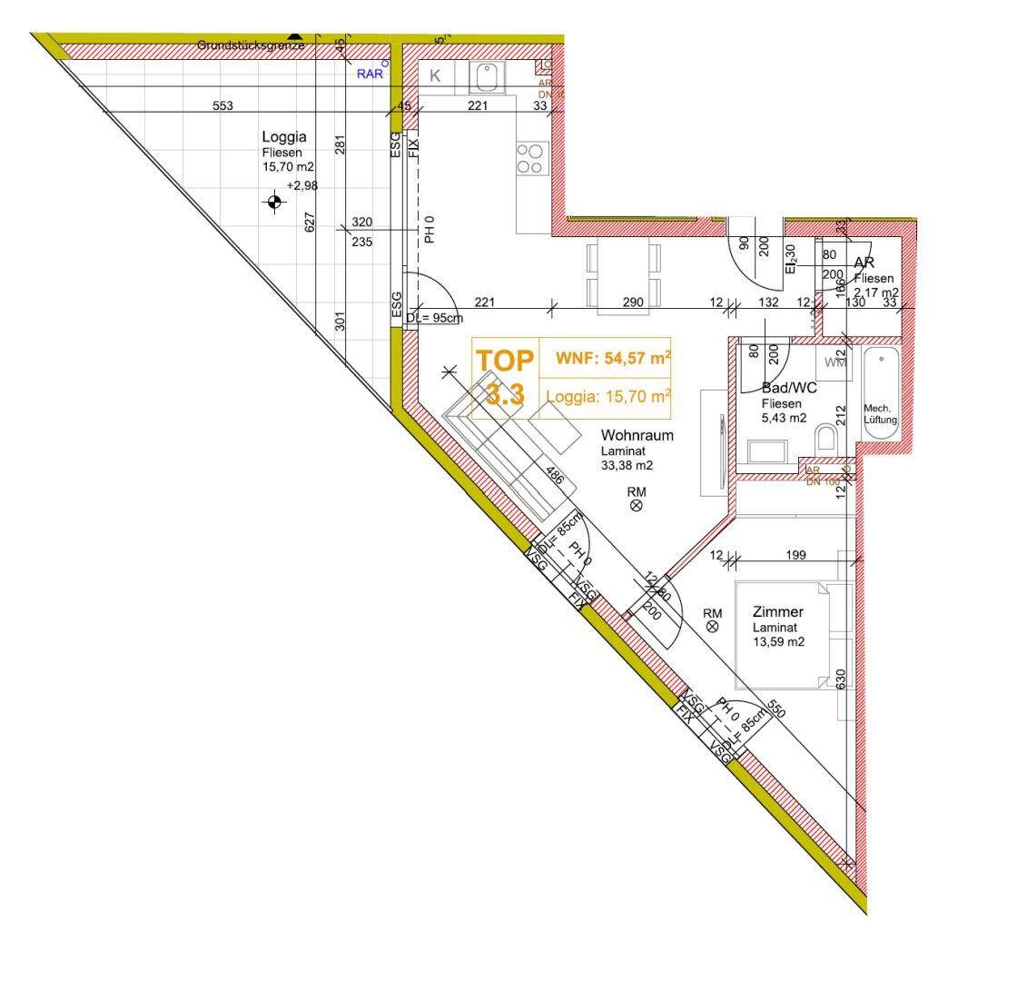 Grundriss der Wohnung mit Wohnraum, Loggia und zwei weiteren Zimmern.