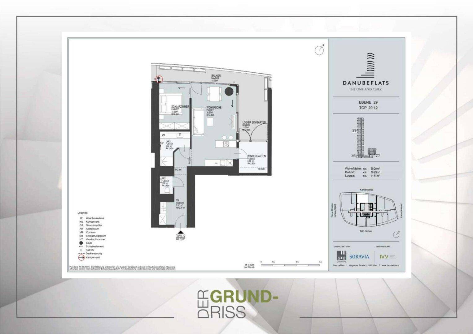 Detaillierter Grundriss einer Wohnung im 29. Stock mit Balkon und Wintergarten.