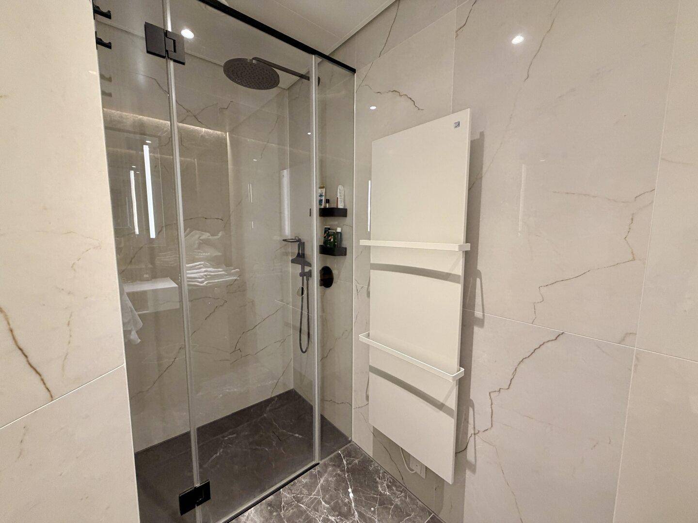 Moderne begehbare Dusche mit Glasabtrennung, Regendusche und beheiztem Handtuchhalter.