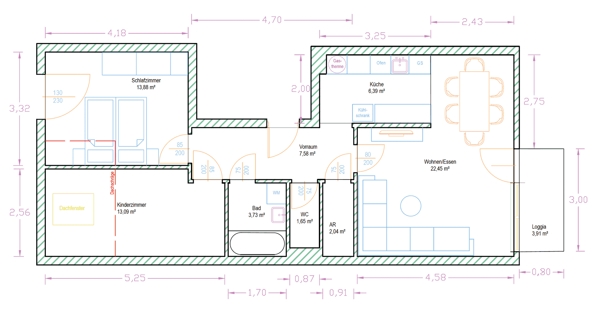Detaillierter Grundriss einer Wohnung mit mehreren Zimmern, separatem WC und einer Loggia.