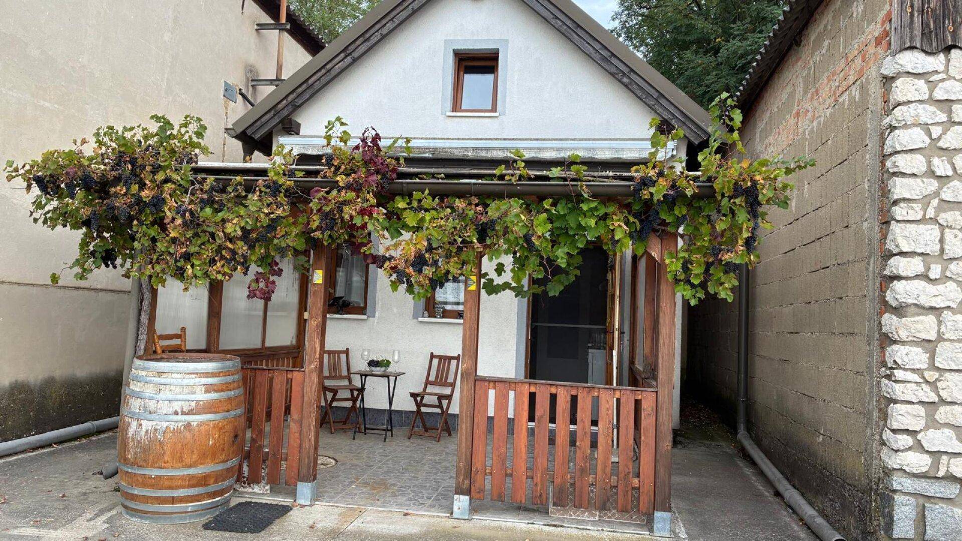 Charmantes kleines Haus mit überdachter Terrasse und üppigen Weinreben im ländlichen Stil.