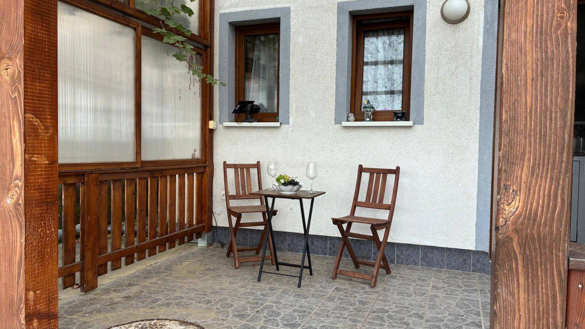 Detailansicht der Terrasse mit kleinem Tisch, Stühlen und Weinreben, perfekt für ein Glas Wein.