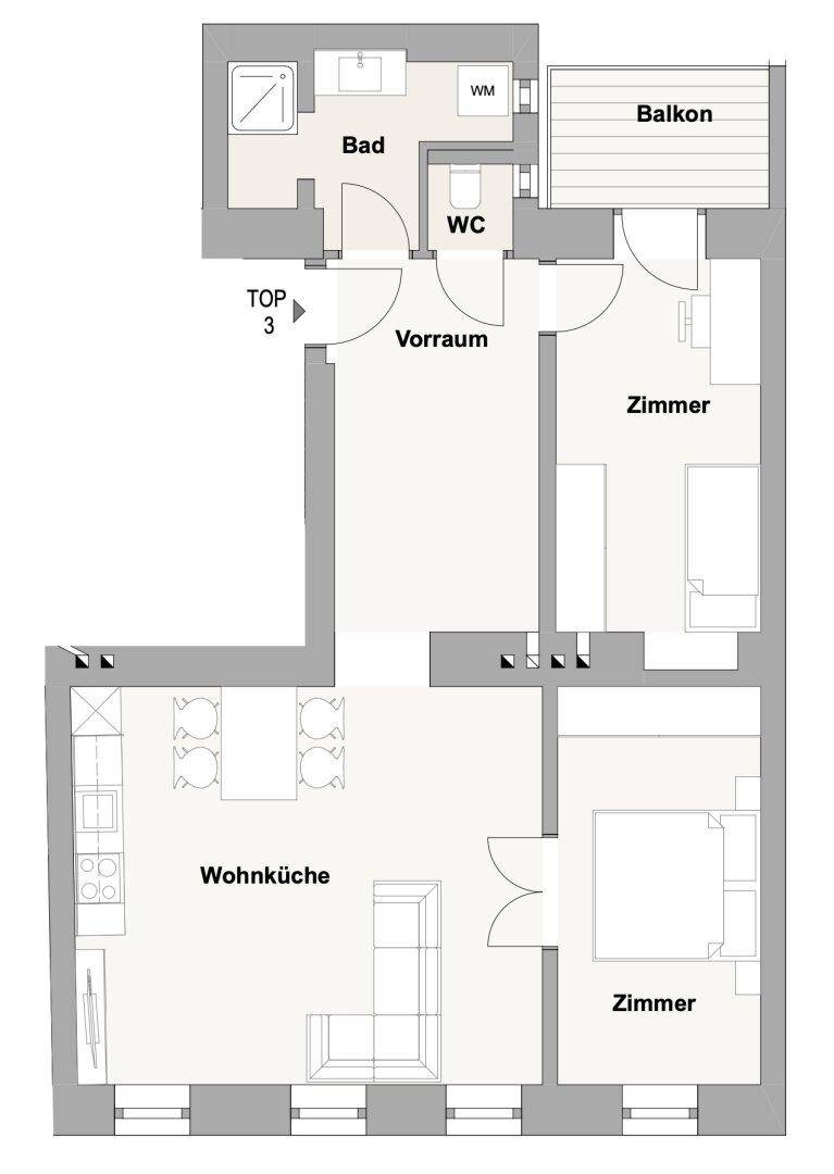 Grundriss der Wohnung mit Wohnküche, zwei Zimmern, Bad, WC und Balkon.