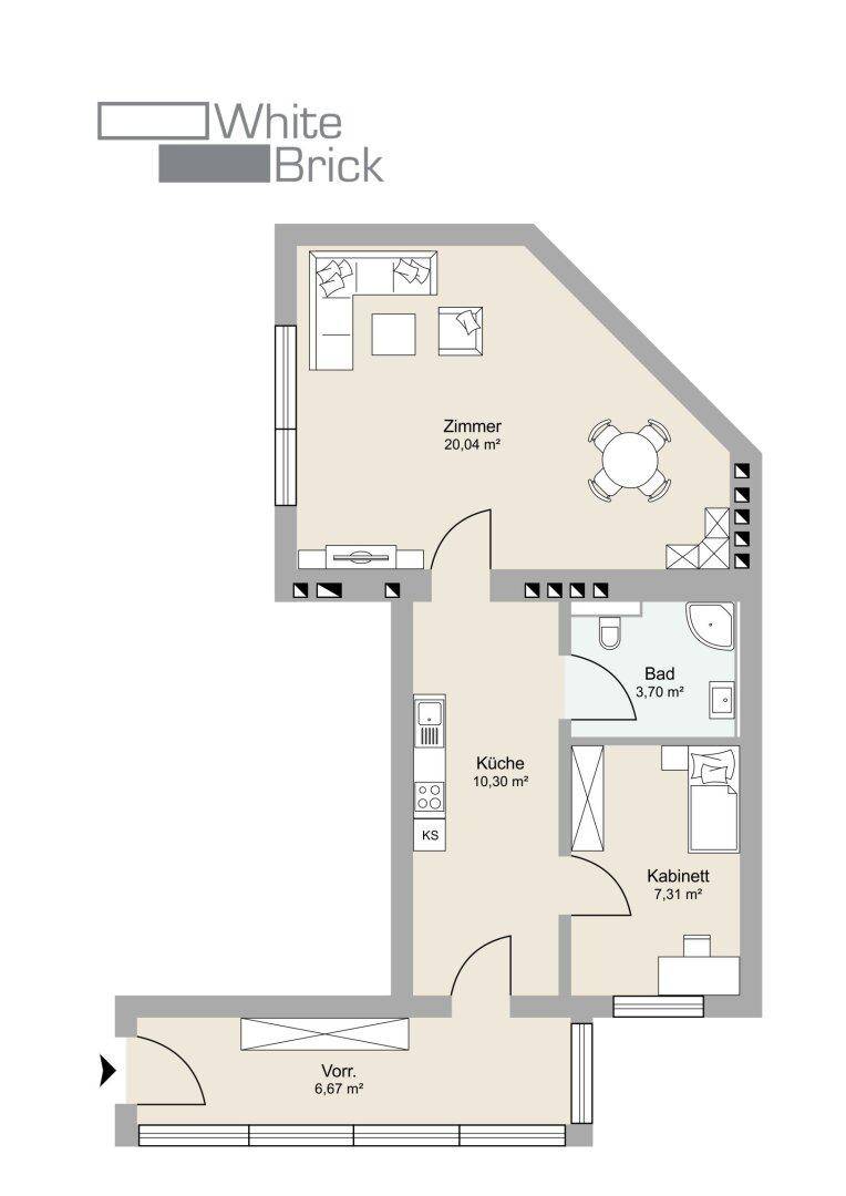 Grundriss einer Wohnung mit Wohnzimmer, Küche, Bad und einem weiteren Zimmer.