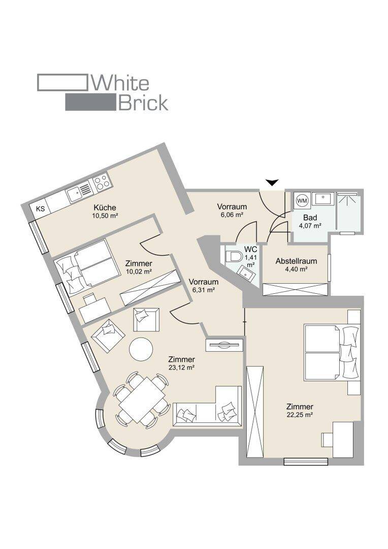 Grundriss einer Wohnung mit mehreren Zimmern, Küche, Bad und separatem WC.