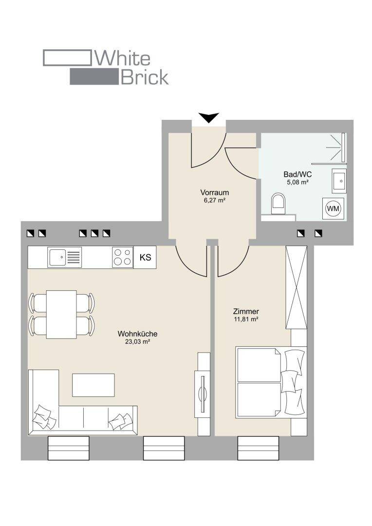 Grundriss einer Wohnung mit Wohnküche, Zimmer, Vorraum und Bad/WC, inklusive Flächenangaben.