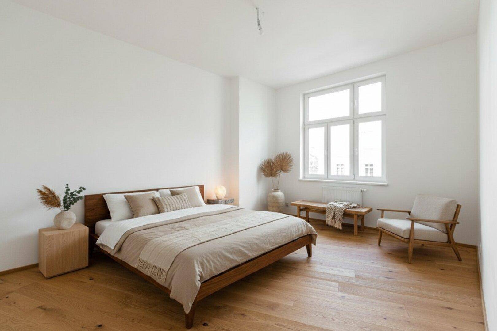 Lichtdurchflutetes Schlafzimmer mit Eichenparkett, hohen Decken und minimalistischem Design.