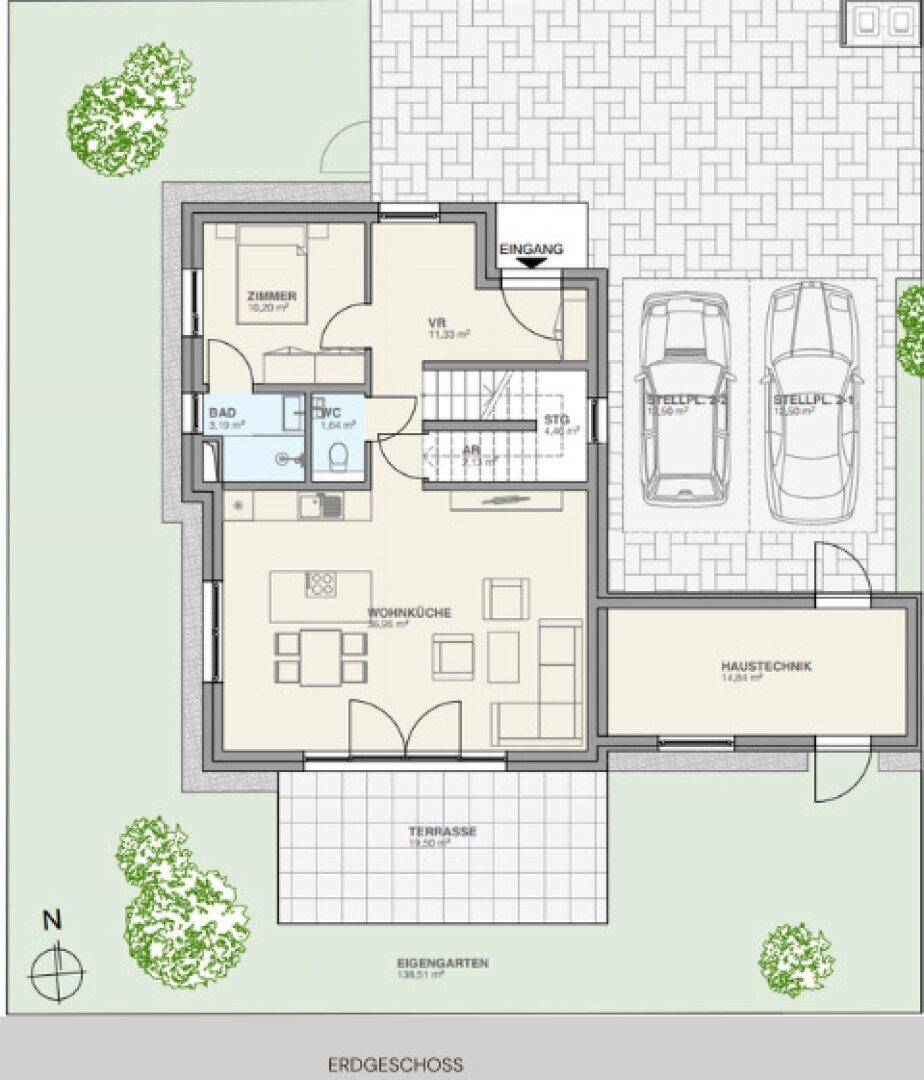 Grundriss des Erdgeschosses mit Wohnküche, Terrasse und Gartenbereich.