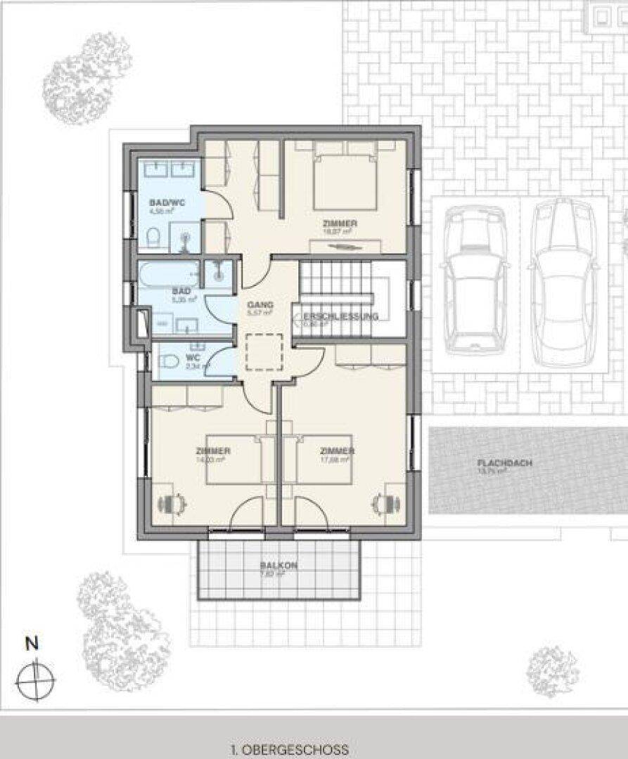 Grundriss des Obergeschosses mit drei Schlafzimmern, zwei Bädern und Balkon.