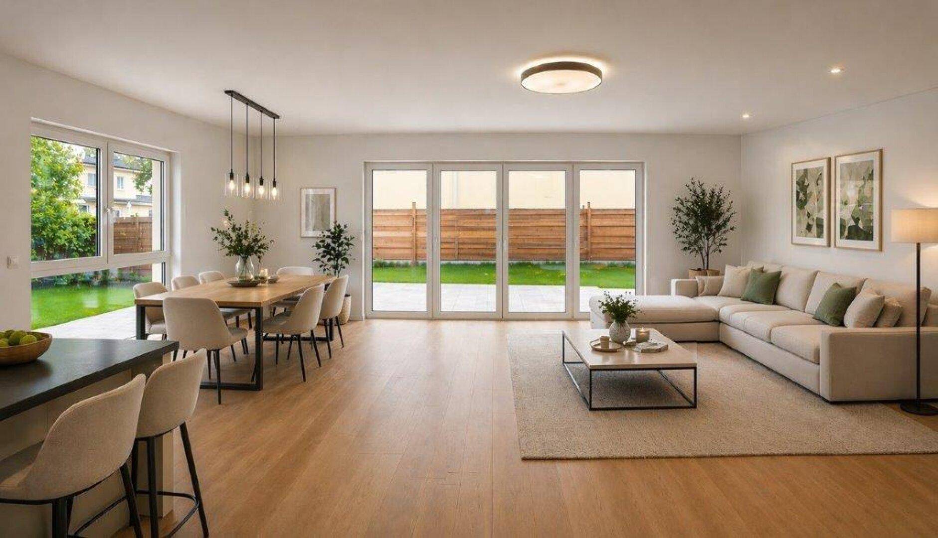 Heller, offener Wohn-Essbereich mit Holzboden, großen Fenstern und Zugang zum Garten.