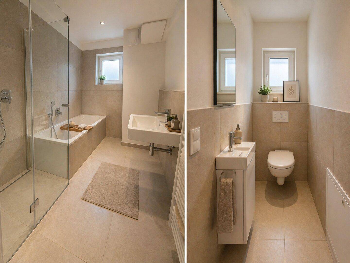 Modernes Badezimmer mit Badewanne, Dusche, WC und Fenster, in hellen Beigetönen gehalten.